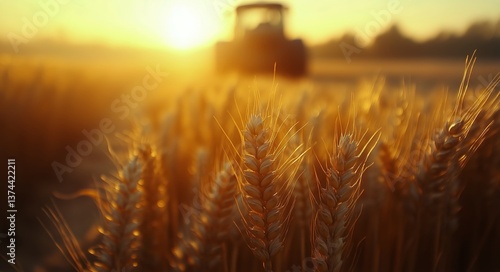 Golden Wheat Fields at Sunset With Tractor Harvesting in Peaceful Rural Lands...
