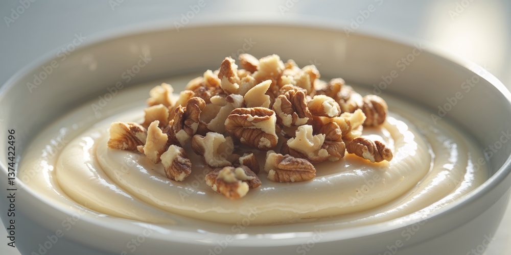Close up image of a white bowl with pudding and walnuts Close up image of a white bowl with pudding and walnuts