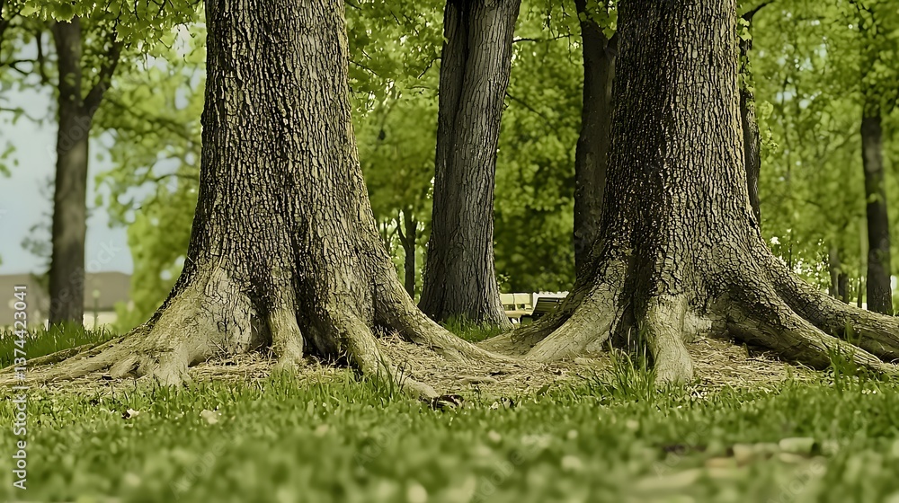 Majestic Trees with Exposed Roots Surrounded by Lush Green Grass in a Peaceful Park Setting Majestic Trees with Exposed Roots Surrounded by Lush Green Grass in a Peaceful Park Setting