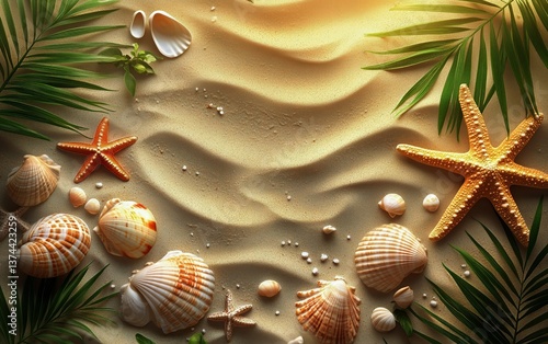Starfish and Seashells on Sandy Beach With Ocean View at Sunset