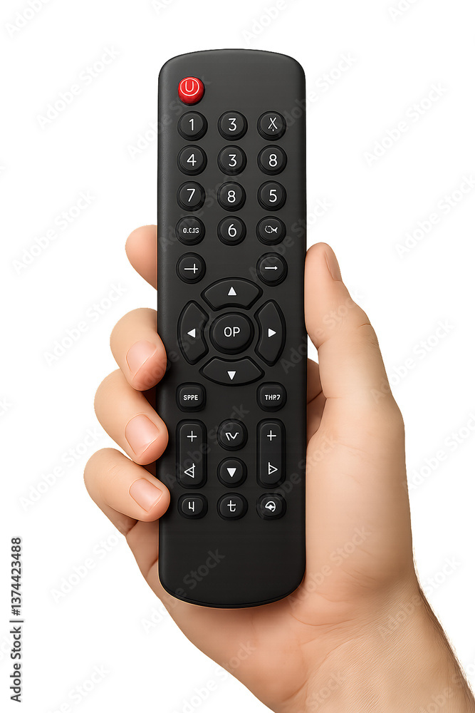 Fernbedienung in der Hand vor einem dunklen Hintergrund, wobei ein modernes Design und ein benutzerfreundlicher Funktionen hervorgehoben werden Fernbedienung in der Hand vor einem dunklen Hintergrund, wobei ein modernes Design und ein benutzerfreundlicher Funktionen hervorgehoben werden