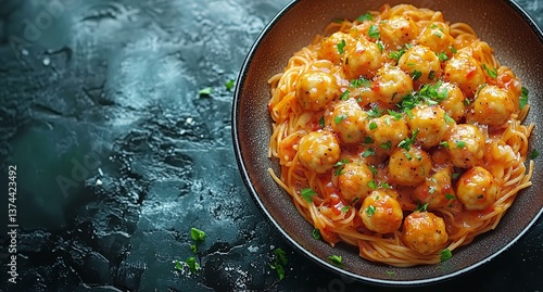 Delicious Spaghetti With Meatballs and Fresh Herbs Served in a Dark Bowl