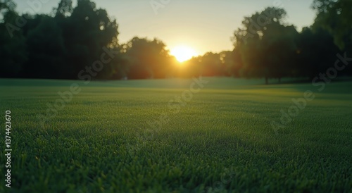 Sunrise Over a Park With Vibrant Trees and a Calm Grass Field in the Early Mo...