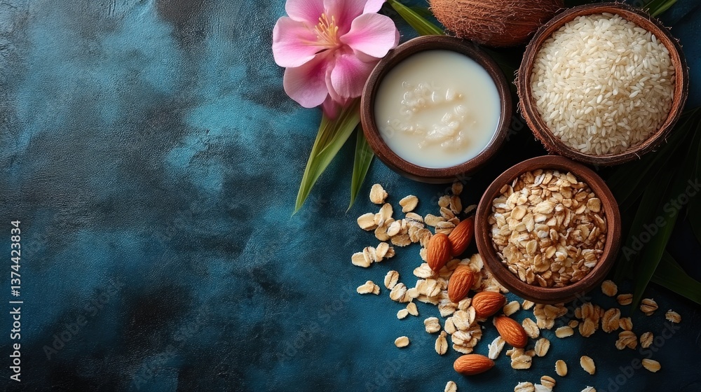 Fresh Coconut, Rice, Almond, and Oat Milk on Blue Surface Fresh Coconut, Rice, Almond, and Oat Milk on Blue Surface