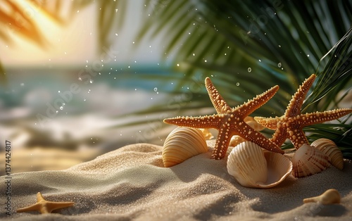 Starfish and Seashells on Sandy Beach With Ocean View at Sunset