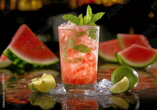 Refreshing Watermelon Mint Cocktail Served in a Chilled Glass With Lime and W...