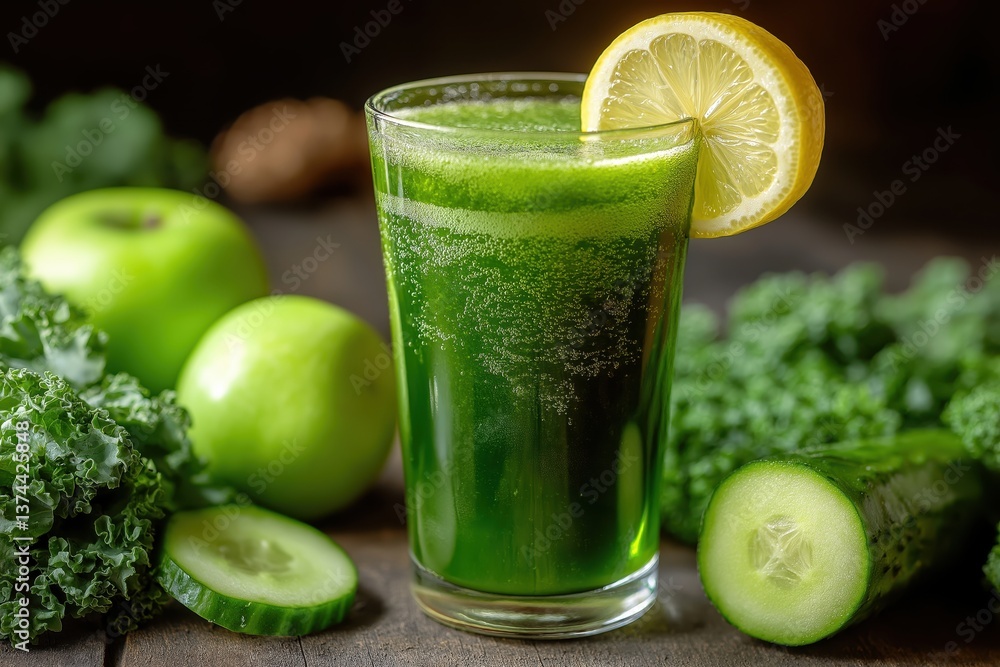 Vibrant Green Juice in a Glass Surrounded by Fresh Ingredients Vibrant Green Juice in a Glass Surrounded by Fresh Ingredients
