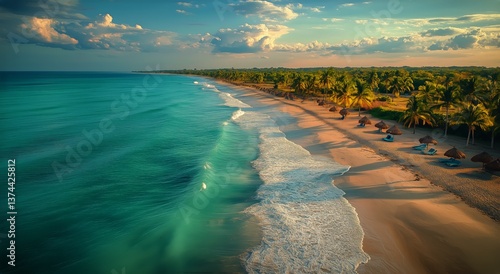 Sunset on a Pristine Beach With Clear Turquoise Waters and Palm Trees