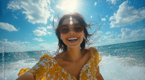 Smiling Woman Enjoying Sunny Beach Day With Ocean Waves and Bright Blue Sky