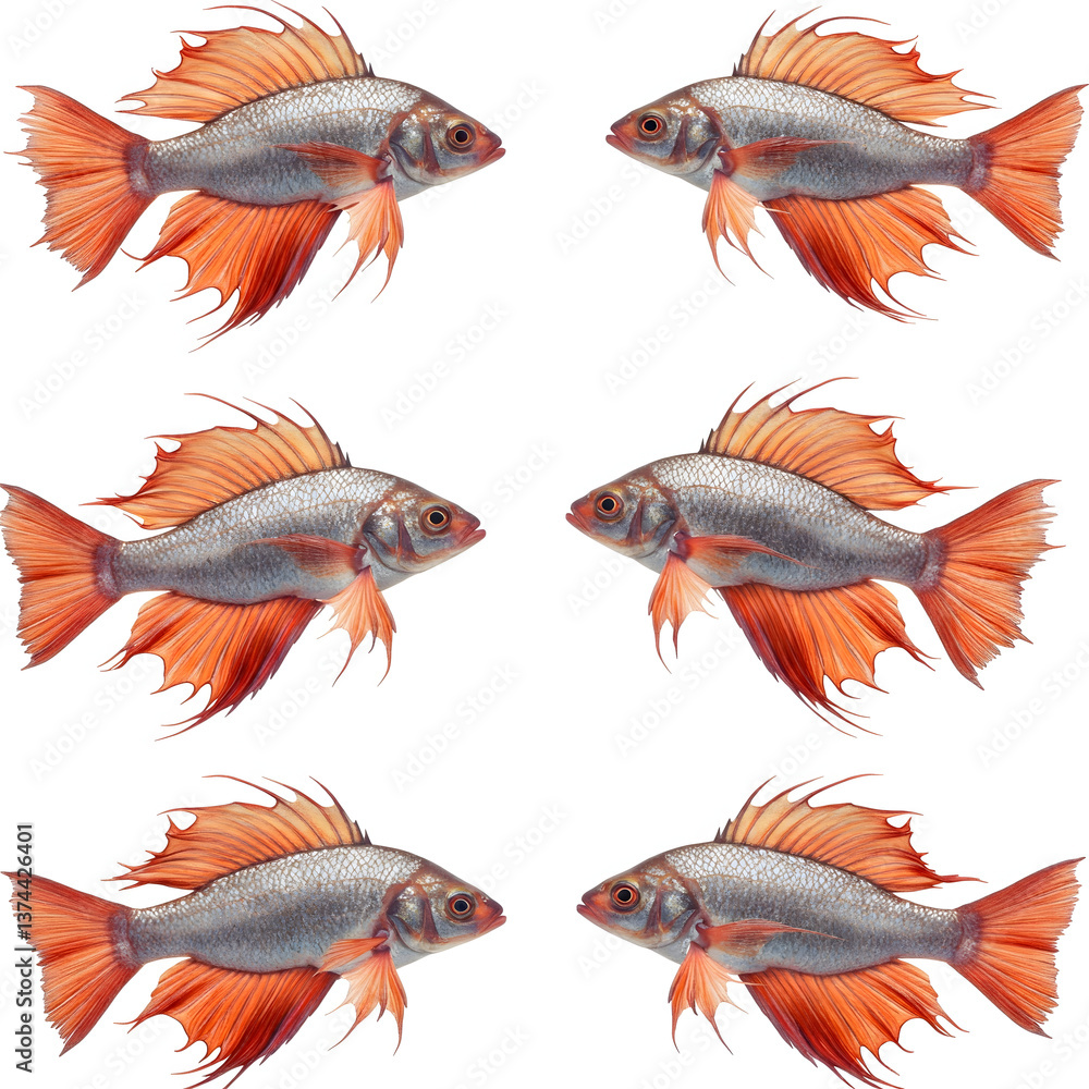 Aquatic Ballet: Six vibrant orange and grey fish gracefully dance, creating a captivating pattern of symmetrical harmony. Aquatic Ballet: Six vibrant orange and grey fish gracefully dance, creating a captivating pattern of symmetrical harmony.
