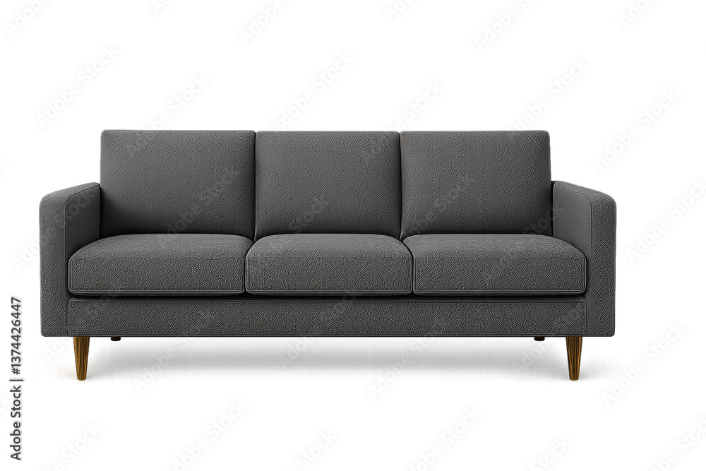 Moderne graue Couch mit klaren Linien und hölzernen Beinen, die elegant vor einem schlanken dunklen Hintergrund untergeht Moderne graue Couch mit klaren Linien und hölzernen Beinen, die elegant vor einem schlanken dunklen Hintergrund untergeht