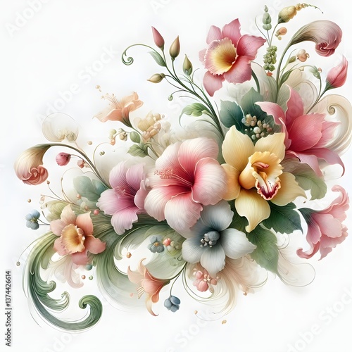 beautiful, flower-inspired composition. The composition will include a mix of colors and flowing shapes that capture the essence of flowers in their most captivating form.