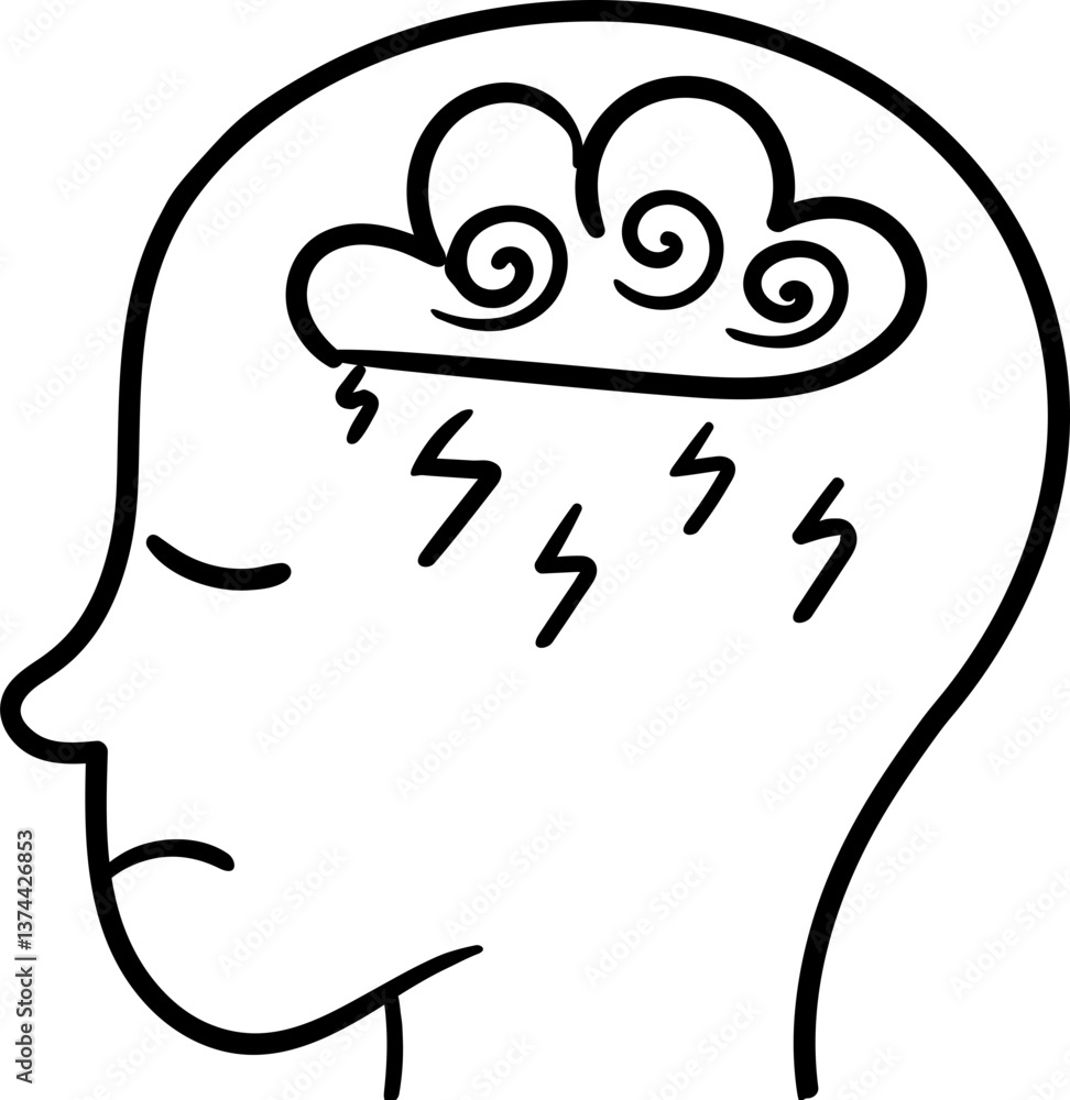Health Awareness doodle clipart. Illustration of a thoughtful face with a cloud and lightning, symbolizing stress or anxiety. Health Awareness doodle clipart. Illustration of a thoughtful face with a cloud and lightning, symbolizing stress or anxiety.