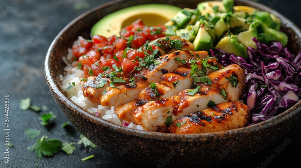 Delicious Grilled Salmon Bowl With Fresh Vegetables and Rice at a Vibrant Dining Table Delicious Grilled Salmon Bowl With Fresh Vegetables and Rice at a Vibrant Dining Table