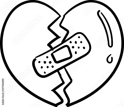 Black and white illustration of a cracked heart held together by a bandage, representing emotional healing, heartbreak, or recovery.