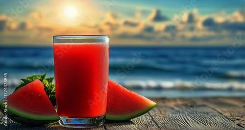 Refreshing Watermelon Juice on the Sandy Beach During a Sunny Day With Ocean ...