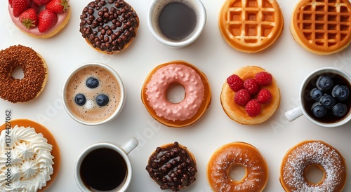 Festive Display of Assorted Donuts and Coffee on a White Table With Berries a...