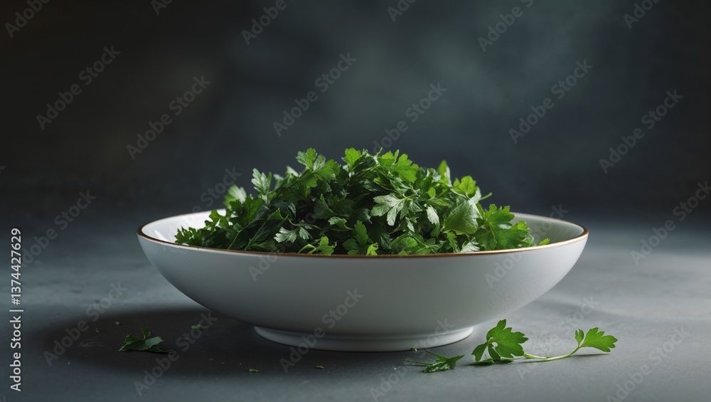 Chopped fresh green herbs in a bowl on a dark background Chopped fresh green herbs in a bowl on a dark background