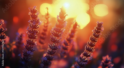 Bright Lavender Flowers Bloom Under Glowing Sunset Light in a Serene Garden S...