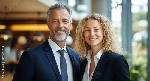 Professional Couple Smiling Together in Modern Office Setting During Daytime