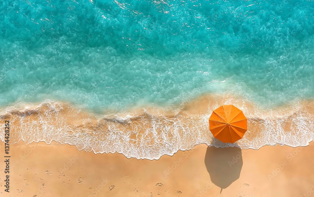 Obraz premium Open travel book on a sandy beach, sun shining, turquoise water, beach umbrella, relaxing vacation vibe, warm golden tones, highly detailed, 8K