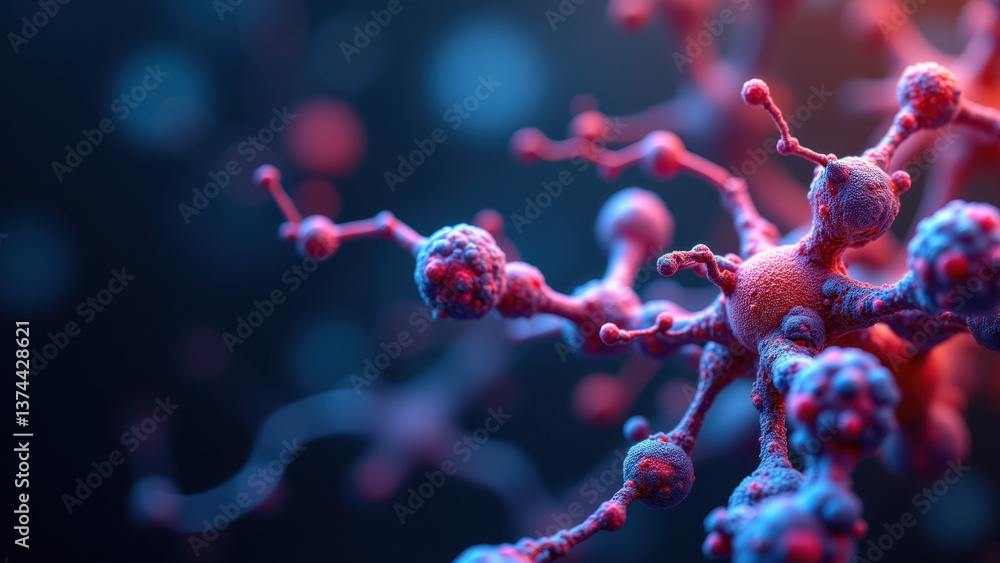 GLP1 receptors with pink dendrites and blue synapses on a dark background. GLP1 receptors with pink dendrites and blue synapses on a dark background.