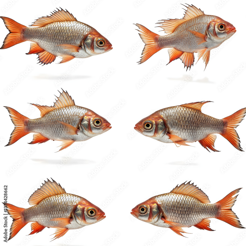 Aquatic Arrangement: A visually striking collection of six vibrant orange and silver fish, elegantly displayed with each showcasing a distinct perspective in an aquatic symphony. Aquatic Arrangement: A visually striking collection of six vibrant orange and silver fish, elegantly displayed with each showcasing a distinct perspective in an aquatic symphony.