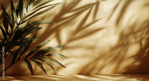 Sunlight Casts Intricate Shadows From a Plant Onto a Warm Wall in a Cozy Indo...
