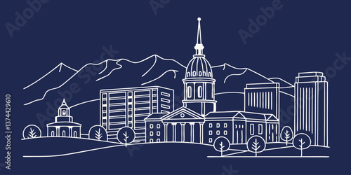 Line drawing of the Colorado Springs skyline, incorporating Pikes Peak and Garden of the Gods in a modern, line drawing style.