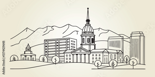 Billede på lærred Colorado Springs line drawing skyline, incorporating Pikes Peak and Garden of the Gods in a modern, line drawing style