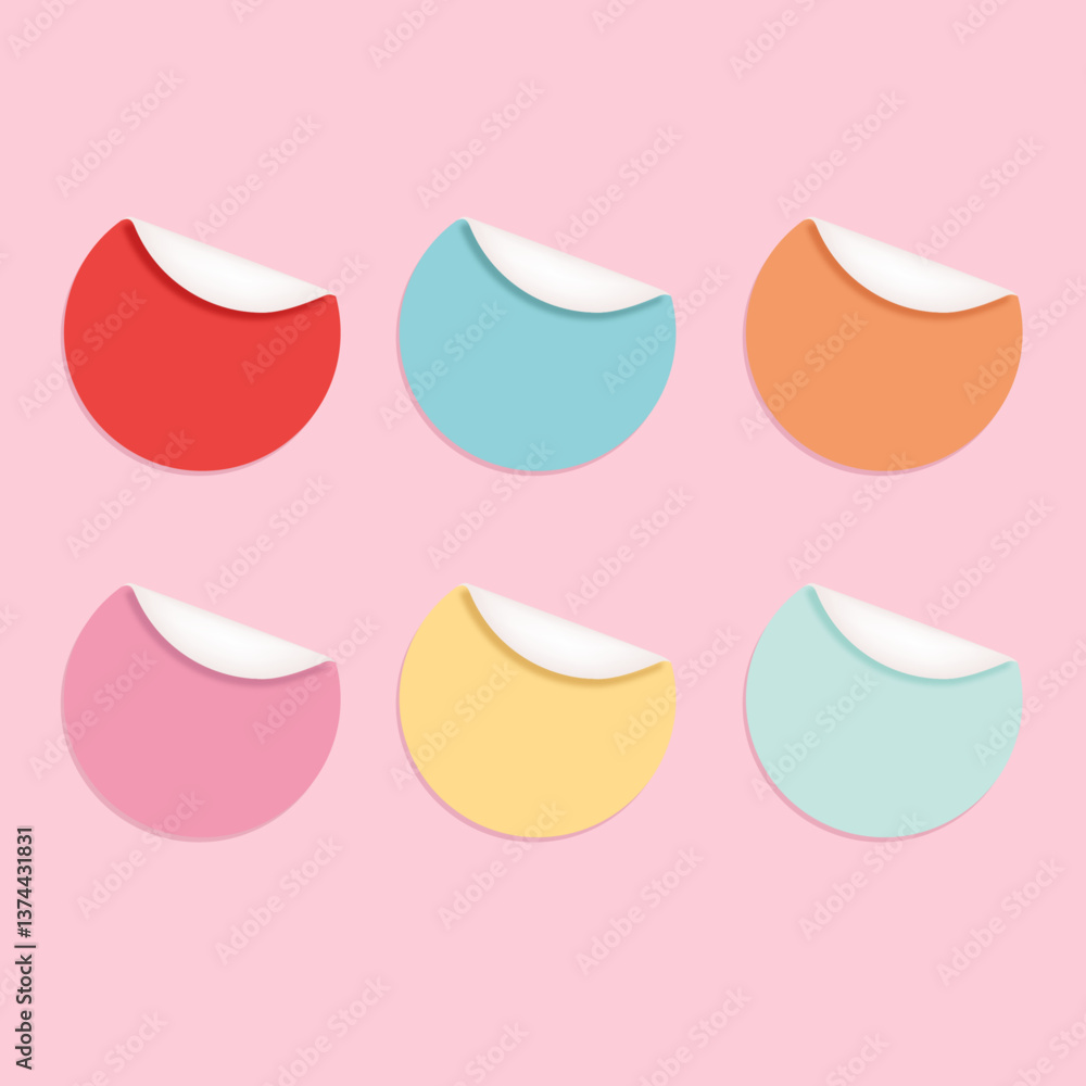 Set of Multicolor Circle Adhesive Sticker Mockup. Round Paper Tag with Peeling Corner and Shadow Isolated Realistic Template on Pink Background