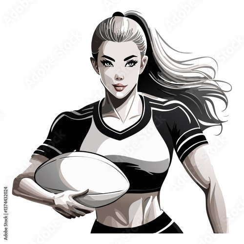 Female rugby player, strong grip on the ball, dynamic threatening pose, white background.