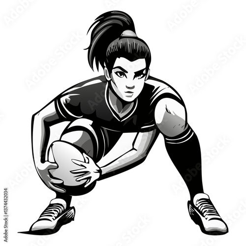 Female rugby player, strong grip on the ball, dynamic threatening pose, white background.