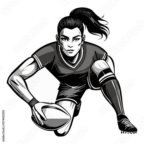 Female rugby player, strong grip on the ball, dynamic threatening pose, white background.
