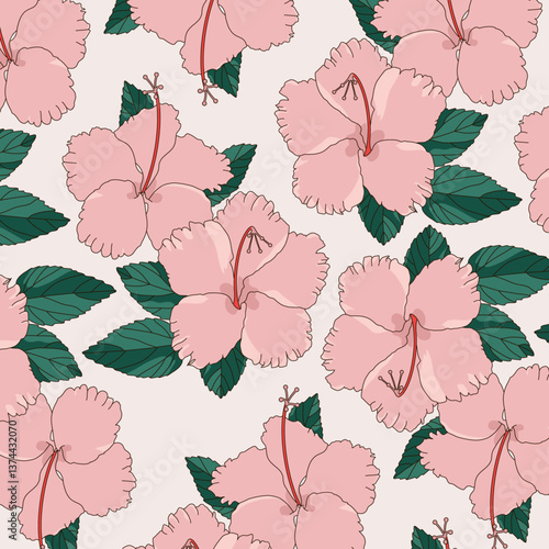 Seamless Tropical Floral Pattern with Pink Hibiscus Flowers and Green Leaves