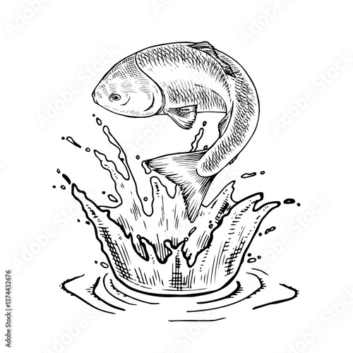 Vector illustration of a jumping trout in black and white. This hand drawn sketch captures the fish mid leap, splashing out of the water with dynamic motion. Perfect for fishing and seafood designs