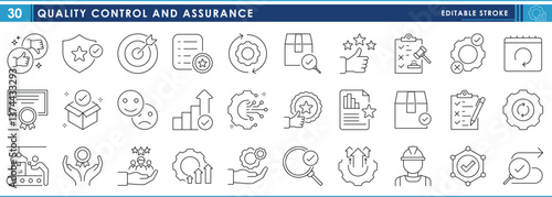 A set of line icons related to Quality Control and Assurance. Law, production, checkmark, award, certificate, feedback, lens, inspector, and so on. Vector editable stroke.