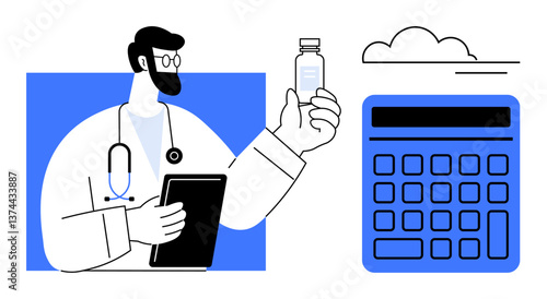 Doctor holds medication bottle, reviews digital tablet near a large calculator. Ideal for healthcare, medical research, pharmaceuticals, technology in medicine, telemedicine, cost analysis