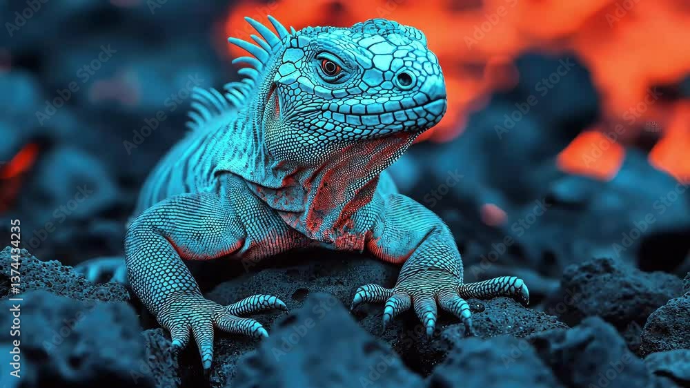 A vibrant iguana resting on a rocky surface, contrasting with a fiery background, showcasing detailed textures and vivid colors. A vibrant iguana resting on a rocky surface, contrasting with a fiery background, showcasing detailed textures and vivid colors.