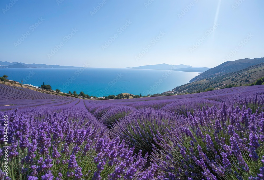 Fototapeta premium Panoramic Lavender Coast Expansive View of a Mediterranean Seaside Field in Bloom