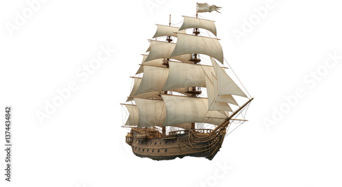 Isolated Majestic Galleon Ship with Full Sails