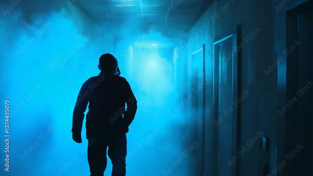 Mysterious Figure in Foggy Hallway with Blue Lighting Effects Mysterious Figure in Foggy Hallway with Blue Lighting Effects
