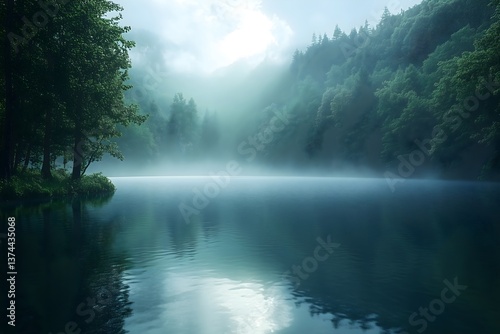 Wallpaper Mural Fog envelops serene lake at dawn, highlighting tranquil beauty of nature Torontodigital.ca