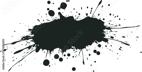 Black paint brush stroke texture with splatters on white background. Vector illustration