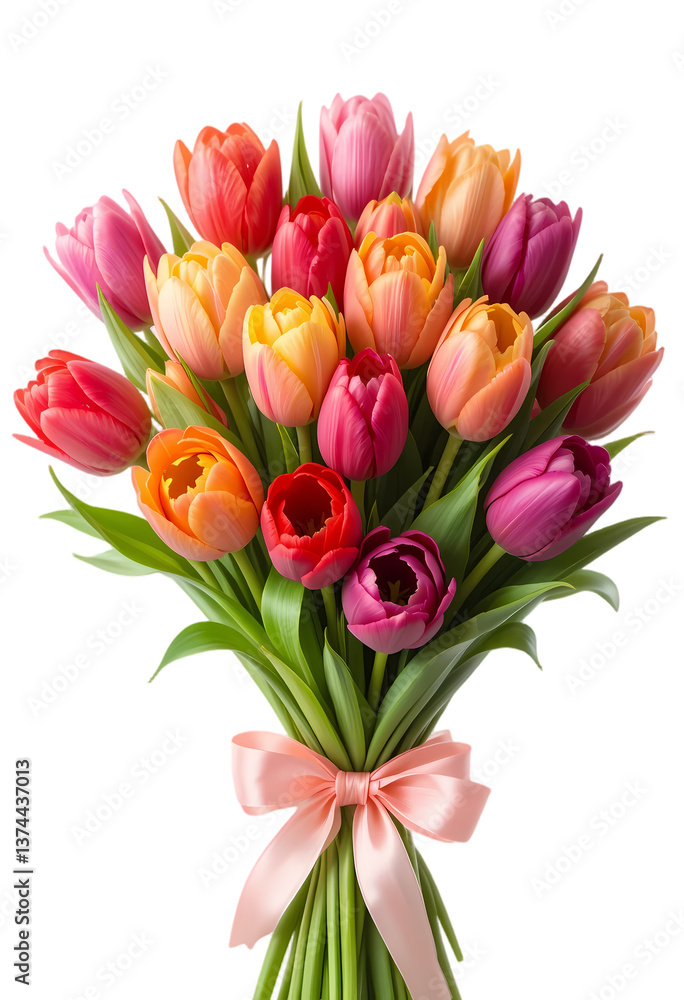 Obraz premium Beautiful bouquet of colorful tulips in full bloom. Vibrant Tulip Bouquet for Mother’s Day – High-Resolution Transparent PNG