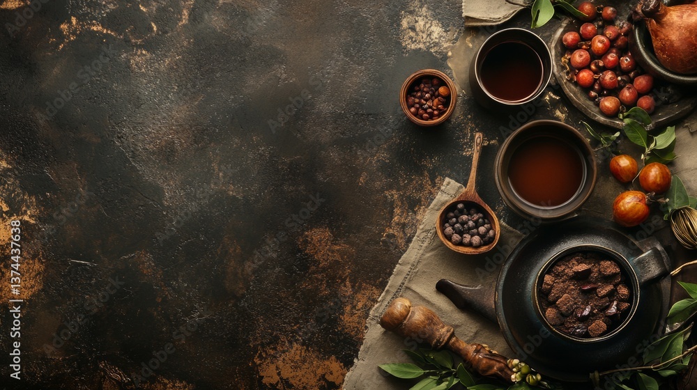 Top view of rustic table with tea and snacks in warm colors Top view of rustic table with tea and snacks in warm colors