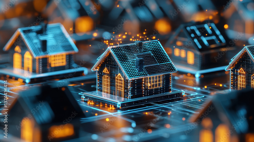 Obraz premium Glowing Digital Houses on Circuit Board Futuristic Smart Cityscape