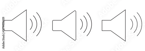 Sound speaker icon in black outline, Vector illustration of a speaker icon with sound waves, shown in a black outline, symbolizing audio, volume, and sound output. EPS 10