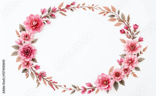 Elegant floral wreath with pink flowers and delicate leaves on white background, perfect for invitations or decorative designs