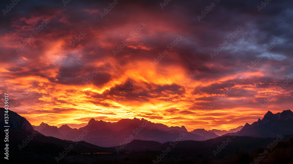 The sky ablaze in fiery oranges and reds as the sun dips below the horizon behind mountain peaks. The sky ablaze in fiery oranges and reds as the sun dips below the horizon behind mountain peaks.